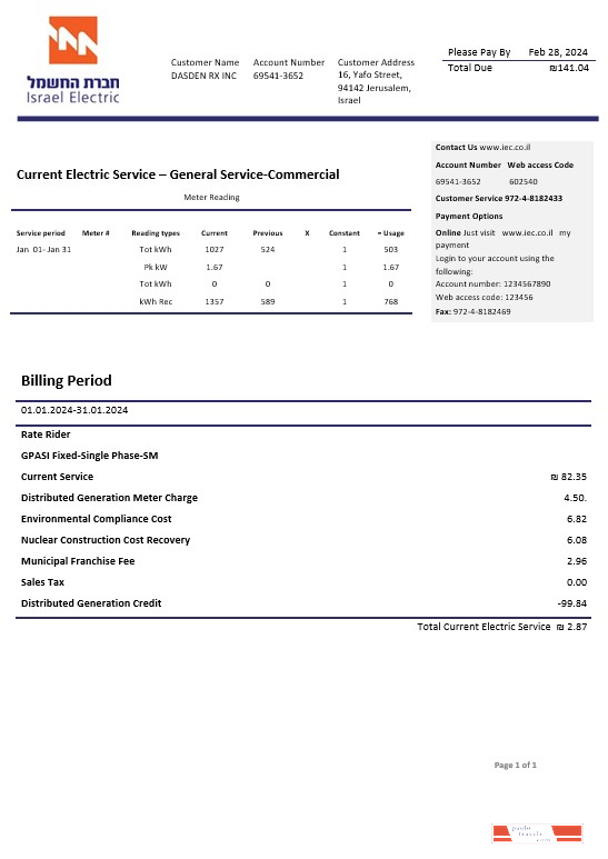 Israel Electric Corporation business utility bill template in Word and PDF formats
